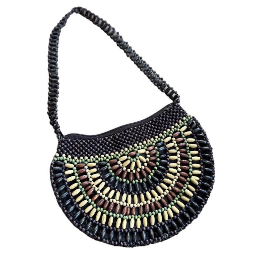 Boho beaded handbag with zip closure, featuring a brown and multicoloured design